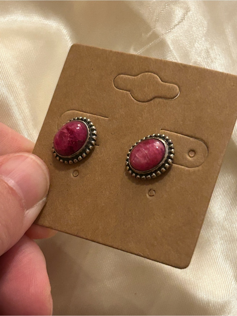 Raw ruby Stone Sterling silver Stud Earrings with Beaded Silver Frame
